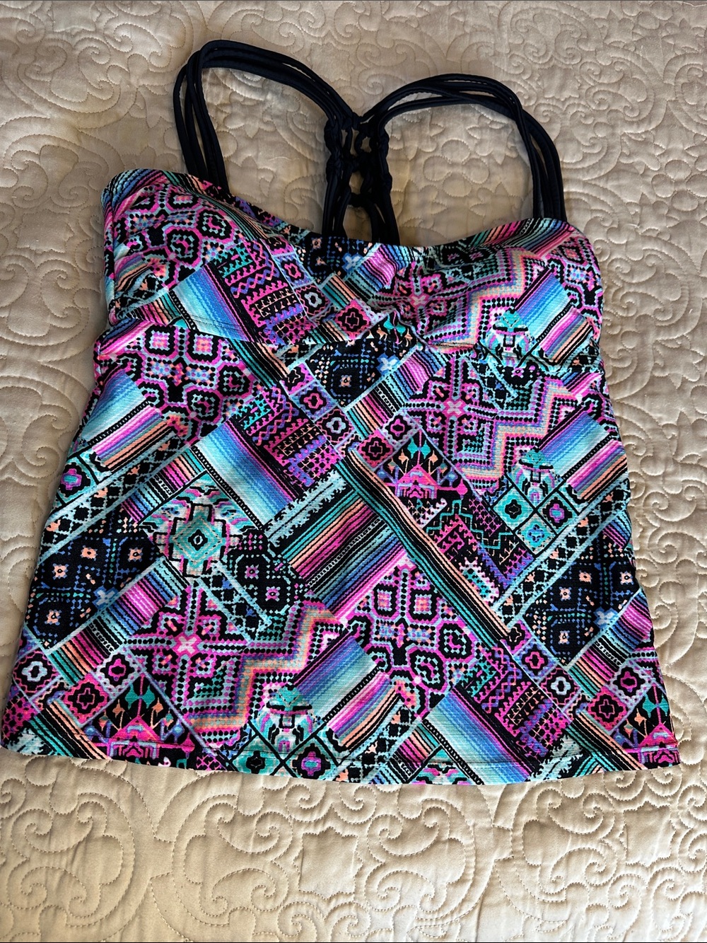 SO Kids Multicolor Aztec-Print Swim Tank Top with Black Straps